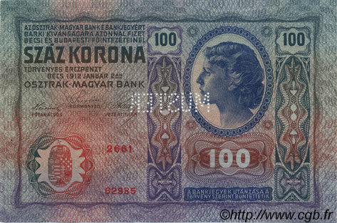 100 Kronen Spécimen AUTRICHE  1912 P.012s SPL