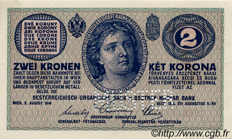 2 Kronen Spécimen AUTRICHE  1914 P.017bs NEUF