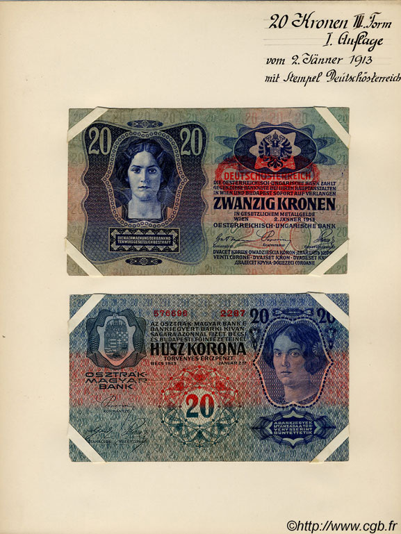 20 Kronen (la paire) AUTRICHE  1913 P.052s TTB