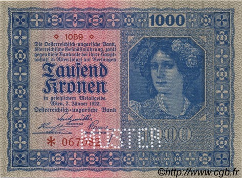 1000 Kronen Spécimen AUTRICHE  1922 P.078s NEUF