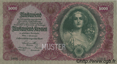 5000 Kronen Spécimen AUTRICHE  1922 P.079s NEUF