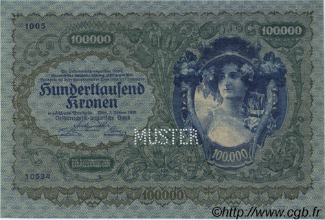 100000 Kronen Spécimen AUTRICHE  1922 P.081s NEUF