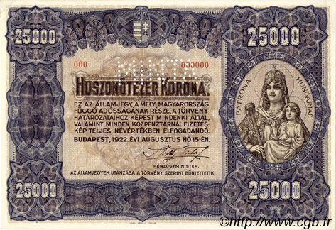 25000 Korona Spécimen HONGRIE  1922 P.069s pr.NEUF