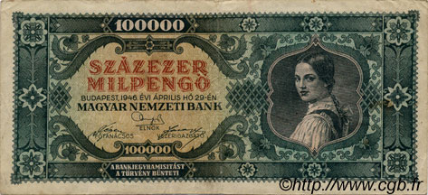 100000 Milpengö HONGRIE  1946 P.127 TB