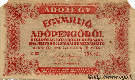 1000000 Adopengö HONGRIE  1946 P.140b TB