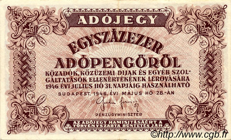 100000 Adopengö HUNGRíA  1946 P.144e EBC