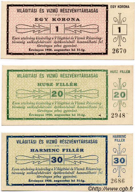 20 et 30 Filler, 1 Korona (3 valeurs) HONGRIE  1920 P.- pr.NEUF