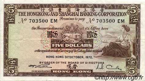 5 Dollars HONG KONG  1972 P.181e TTB+