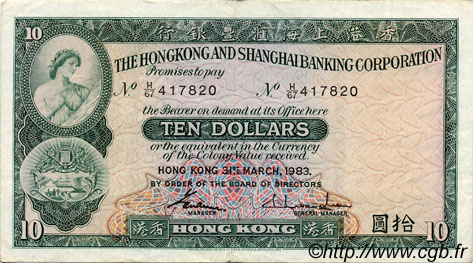 10 Dollars HONG KONG  1983 P.182j TTB
