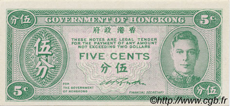 5 Cents HONG KONG  1945 P.322 NEUF
