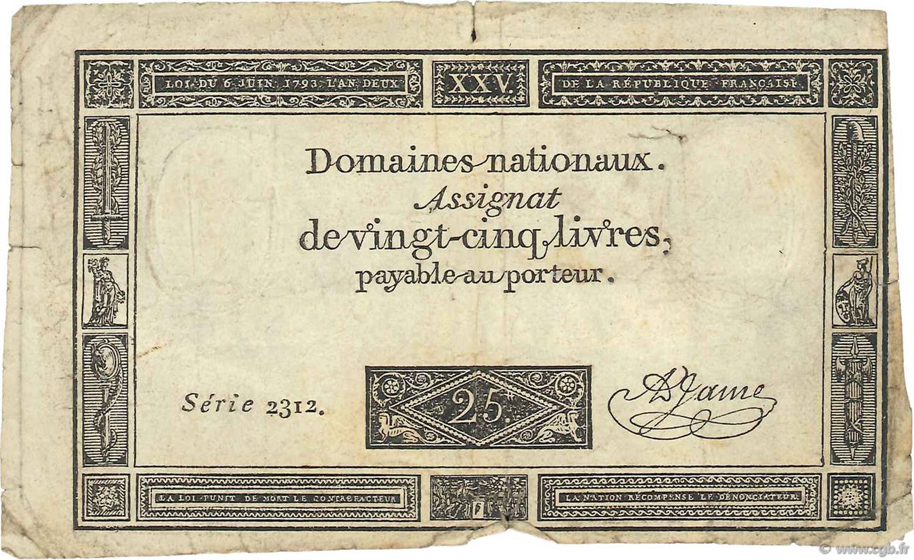 25 Livres FRANCE  1793 Ass.43a TB