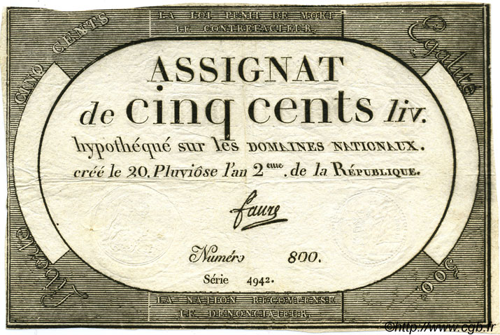 500 Livres FRANCE  1794 Laf.172 TTB