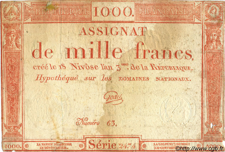 1000 Francs FRANCE  1795 Laf.175 TB+