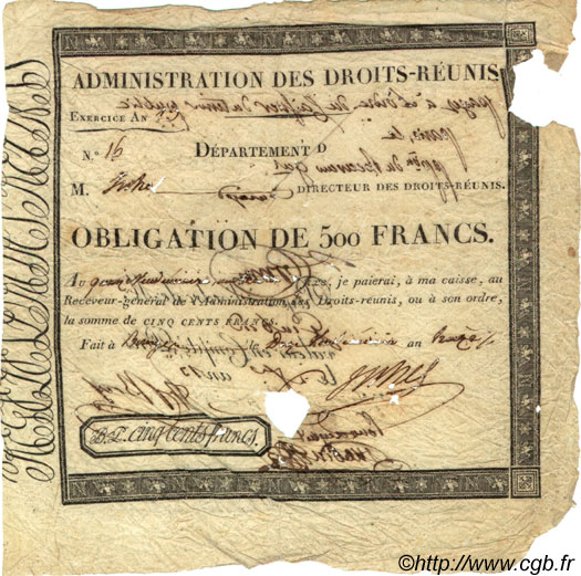 500 Francs FRANCE  1805 Laf.--- B+