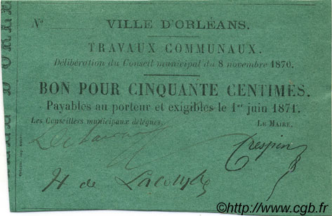 50 Centimes Non émis FRANCE régionalisme et divers Orléans 1870 JER.45.04A SUP