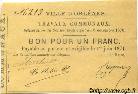 1 Franc FRANCE régionalisme et divers Orléans 1870 JER.45.04B SUP