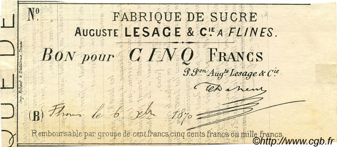 5 Francs FRANCE régionalisme et divers Flines 1870 JER.59.34B TTB+