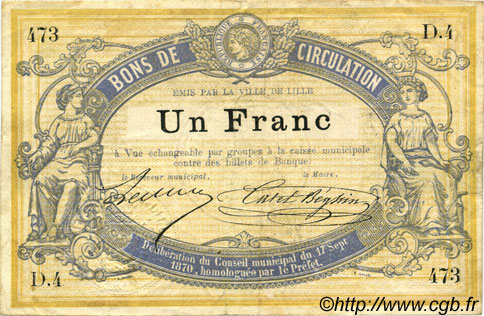1 Franc FRANCE régionalisme et divers Lille 1870 JER.59.40A TTB
