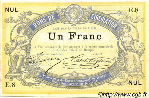 1 Franc Non émis FRANCE regionalism and miscellaneous Lille 1870 JER.59.40A AU