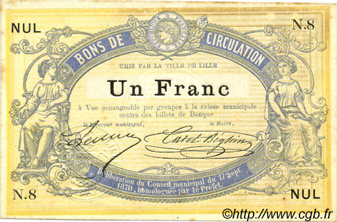 1 Franc Non émis FRANCE régionalisme et divers Lille 1870 JER.59.40A SUP