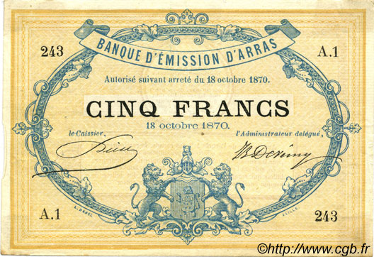 5 Francs FRANCE régionalisme et divers Arras 1870 JER.62.02B SUP