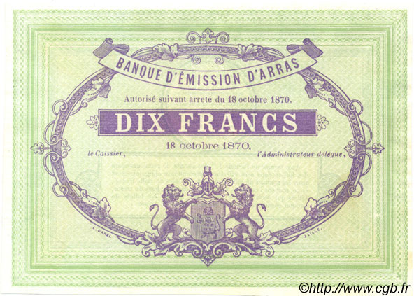 10 Francs Non émis FRANCE régionalisme et divers Arras 1870 JER.62.02C NEUF