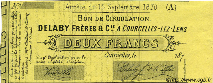 2 Francs Non émis FRANCE régionalisme et divers Courcelles-Lez-Lens 1870 JER.62.13C NEUF