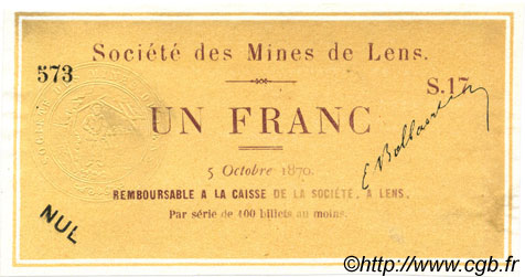 1 Franc Non émis FRANCE régionalisme et divers Lens 1870 JER.62.17B SPL