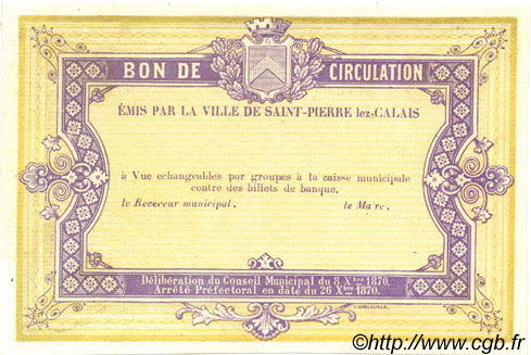 5 Francs Non émis FRANCE régionalisme et divers Saint-Pierre-Lez-Calais 1870 JER.62.26B NEUF