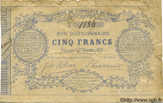 5 Francs FRANCE régionalisme et divers Le Mans 1870 JER.72.01B TB+