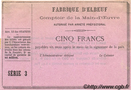 5 Francs Non émis FRANCE régionalisme et divers Elbeuf 1870 JER.76.09C SUP