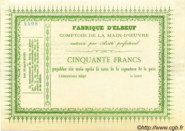 50 Francs Non émis FRANCE régionalisme et divers Elbeuf 1870 JER.76.09F SPL
