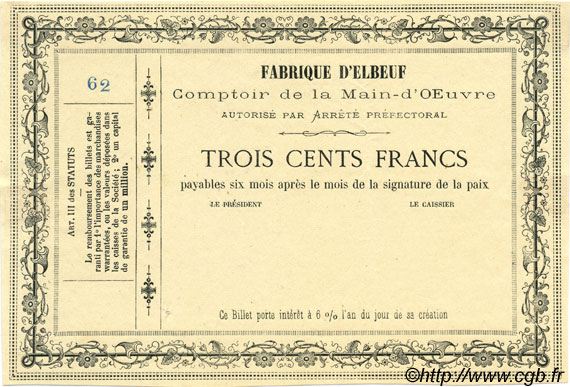 300 Francs Non émis FRANCE régionalisme et divers Elbeuf 1870 JER.76.10A SPL