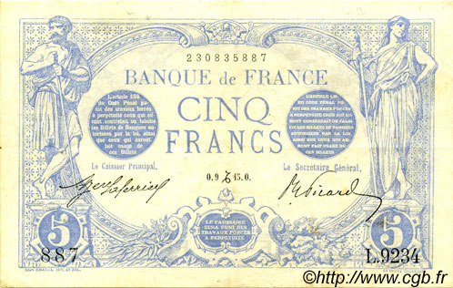 5 Francs BLEU FRANCE  1915 F.02.34 pr.SUP