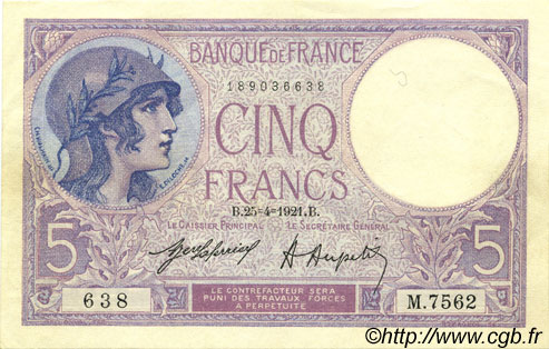 5 Francs FEMME CASQUÉE FRANCE  1921 F.03.05 SUP à SPL