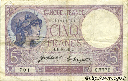 5 Francs FEMME CASQUÉE FRANCE  1921 F.03.05 TB