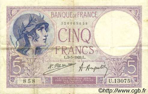5 Francs FEMME CASQUÉE FRANCE 1923 F.03.07 TTB+