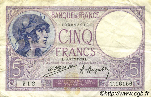 5 Francs FEMME CASQUÉE FRANCE  1923 F.03.07 TB+