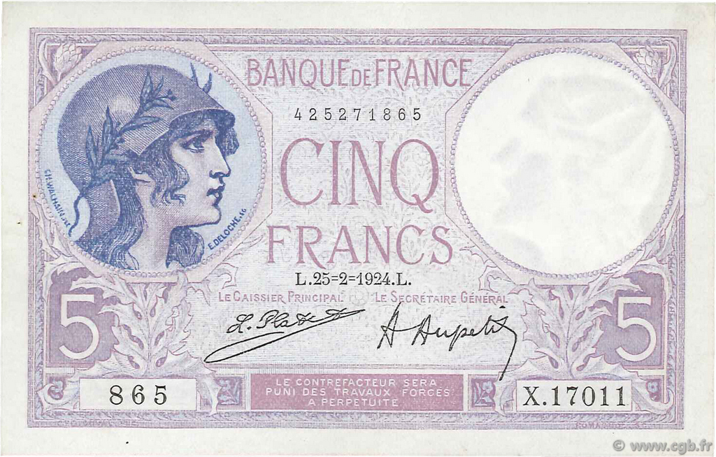 5 Francs FEMME CASQUÉE FRANCE  1924 F.03.08 TTB+ à SUP