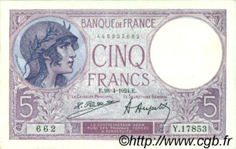 5 Francs FEMME CASQUÉE FRANCE 1924 F.03.08 pr.SPL
