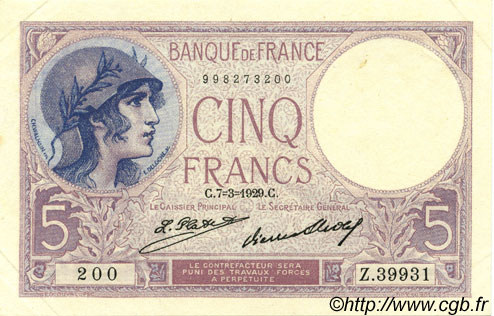 5 Francs FEMME CASQUÉE FRANCE  1929 F.03.13 SPL