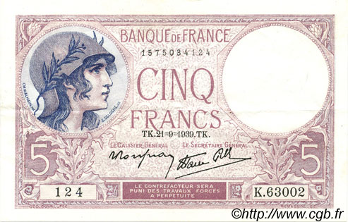 5 Francs FEMME CASQUÉE modifié FRANCE  1939 F.04.09 TTB+