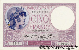 5 Francs FEMME CASQUÉE modifié FRANCE  1940 F.04.15 XF+
