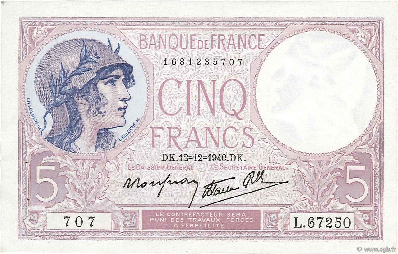 5 Francs FEMME CASQUÉE modifié FRANCE  1940 F.04.17 SUP