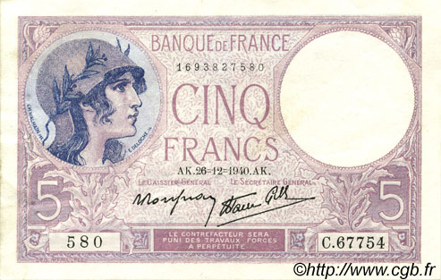5 Francs FEMME CASQUÉE modifié FRANCE  1940 F.04.18 SUP