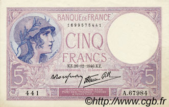5 Francs FEMME CASQUÉE modifié FRANCE  1940 F.04.18 pr.SPL