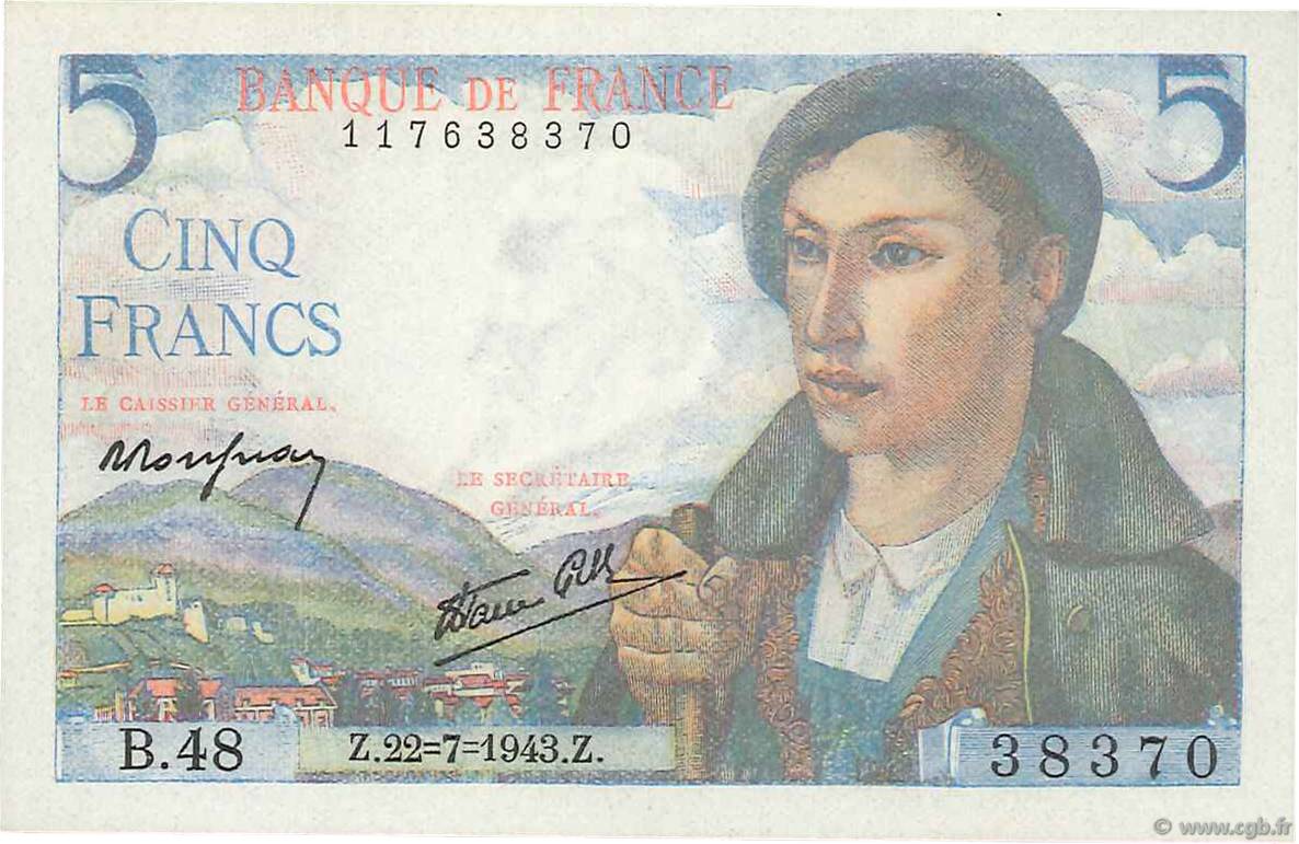 5 Francs BERGER FRANCE  1943 F.05.02 AU+