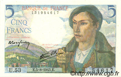 5 Francs BERGER FRANCE  1943 F.05.03 NEUF