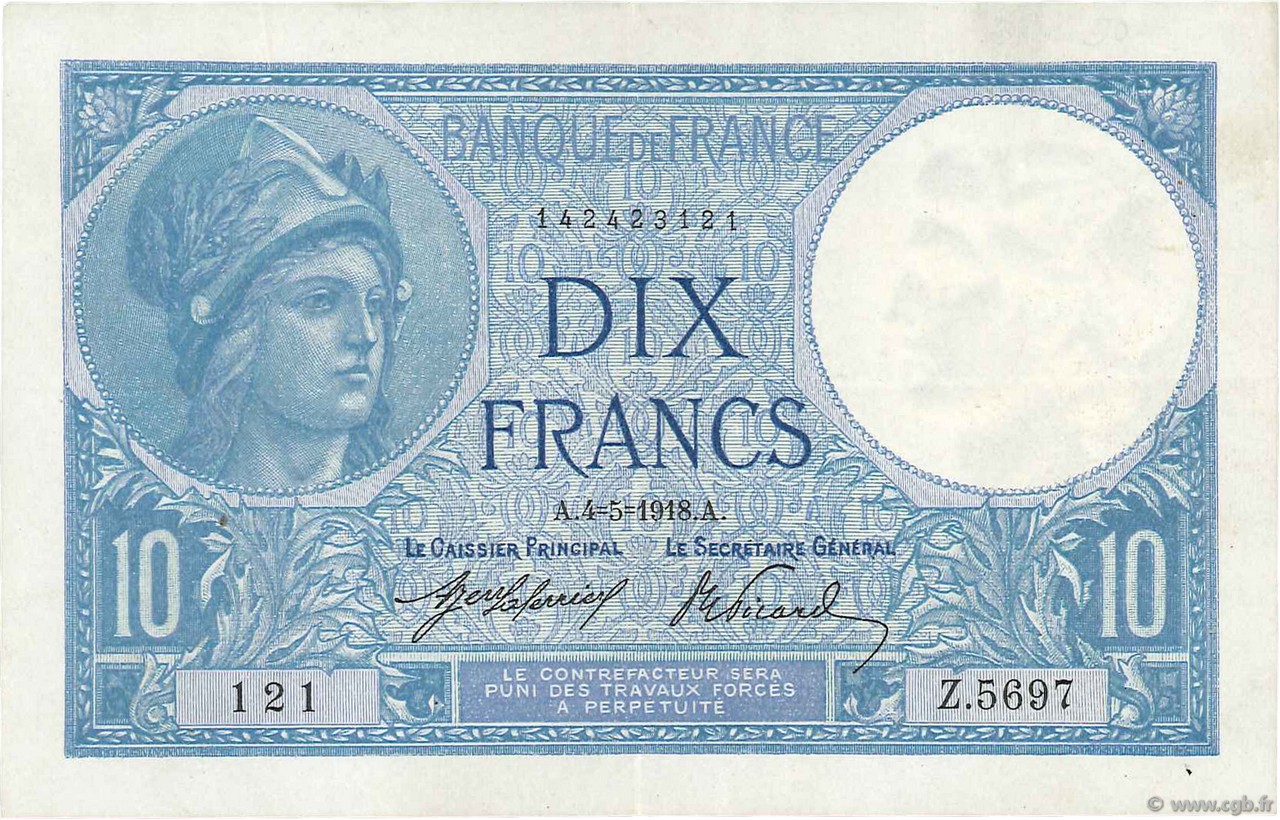 10 Francs MINERVE FRANCE  1918 F.06.03 TTB+
