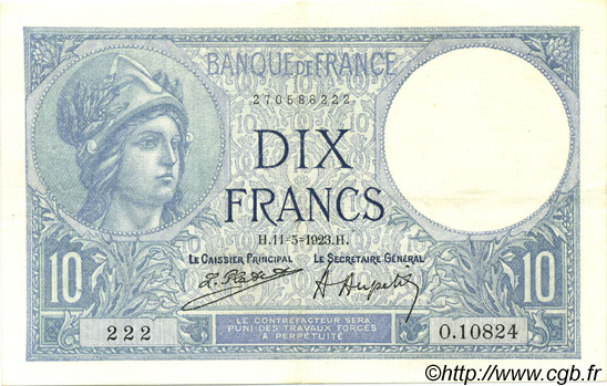 10 Francs MINERVE FRANCE  1923 F.06.07 SUP+